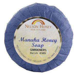 Nelson Honey round blue wrapped Manuka soap manuka honey gardeners soap for hardworking gardening hands