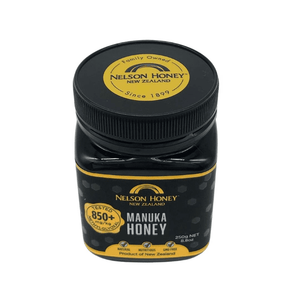 Nelson Manuka honey MGO 850+ in black jar with yellow label from Nelsons Honey New Zealand 250g