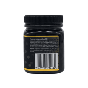 Back view of Nelsons Honey dark jar showing label and barcode Nelson Manuka honey MGO 850+