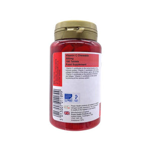 PowerHealth red bottle with gold cap showing back label for chewable vitamin C 500mg tablets 100 count food supplement