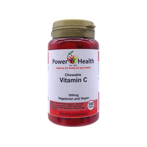 PowerHealth chewable vitamin C 500mg tablets bottle 100 vegetarian and vegan food supplement