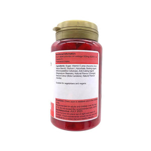 PowerHealth chewable vitamin C 500mg tablets red jar with gold lid showing back label and ingredients list