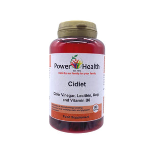 PowerHealth Cidiet supplement bottle containing cidiet cider vinegar capsules with lecithin kelp and vitamin B6 90 capsules