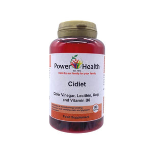 PowerHealth Cidiet supplement bottle containing cidiet cider vinegar capsules with lecithin kelp and vitamin B6 90 capsules