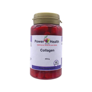 PowerHealth collagen capsules 400mg bottle with 60 red capsules white label and gold cap dietary supplement