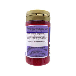 PowerHealth green lipped mussel supplement UK red bottle with gold cap and ingredient label on back