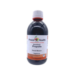 PowerHealth propolis throat mixture in dark bottle with white cap and orange label for sore throat relief