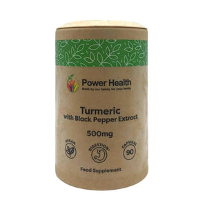 PowerHealth turmeric capsules with black pepper 500mg 90 vegan capsules for digestion support in eco tube