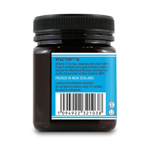 Wedderspoon Raw Manuka honey KFactor 12 container showing label with product details and barcode