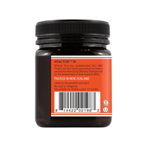 Back view of Wedderspoon Raw Manuka Honey 250g jar showing label with barcode and product details