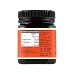 Wedderspoon Raw Manuka Honey 250g jar showing nutrition information and ingredients label