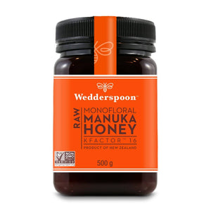Wedderspoon Raw Manuka honey KFactor 16 500g jar with orange label and black lid
