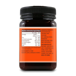 Wedderspoon Raw Manuka honey KFactor 16 jar showing nutrition label and manufacturing details