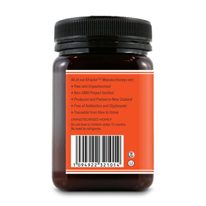 Wedderspoon Raw Manuka honey KFactor 16 jar showing nutritional and quality information on the back label