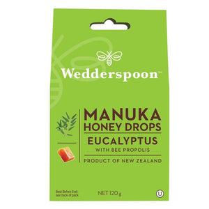 Wedderspoon manuka honey eucalyptus drops throat lozenges with bee propolis in green packaging