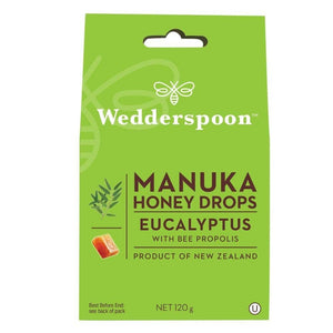 Wedderspoon manuka honey eucalyptus drops throat lozenges with bee propolis in green packaging