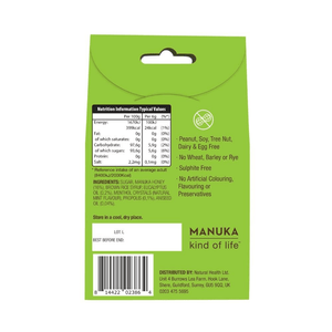 Back view of Wedderspoon Manuka Honey Drops Eucalyptus 20 Drops with Bee Propolis packaging showing nutrition and ingredients