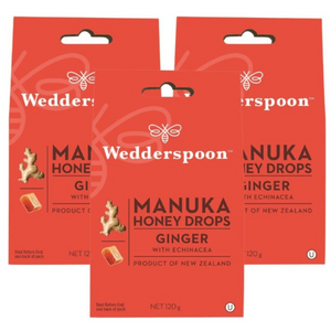 Wedderspoon Manuka honey drops ginger triple pack throat lozenges with echinacea in red packaging