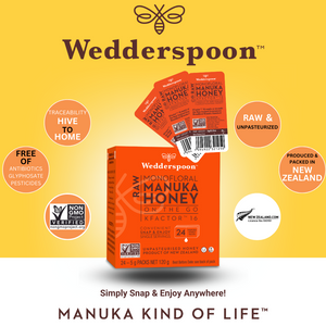Wedderspoon Manuka honey snap packs box with individual orange honey packs on a yellow background