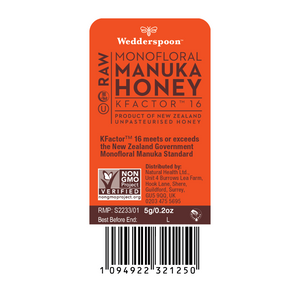 Wedderspoon Manuka honey snap packs label showing raw monofloral Manuka honey KFactor 16 from New Zealand
