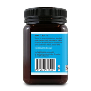 Back view of Wedderspoon Raw Manuka honey KFactor 12 500g jar showing product label and barcode