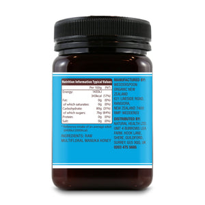 Back label of Wedderspoon Raw Manuka honey KFactor 12 500g showing nutrition and manufacturer details