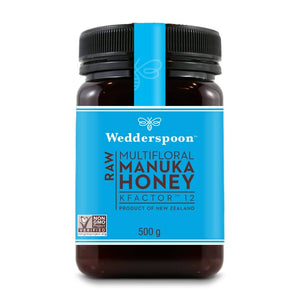 Wedderspoon Raw Manuka honey KFactor 12 500g jar with blue label and black lid