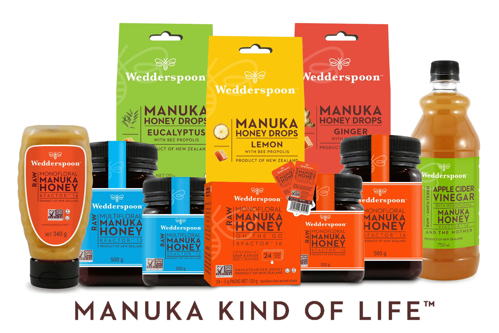 Wedderspoon product lineup of Manuka jars bottles honey drops and vinegar showcasing Manuka honey Wedderspoon partnership