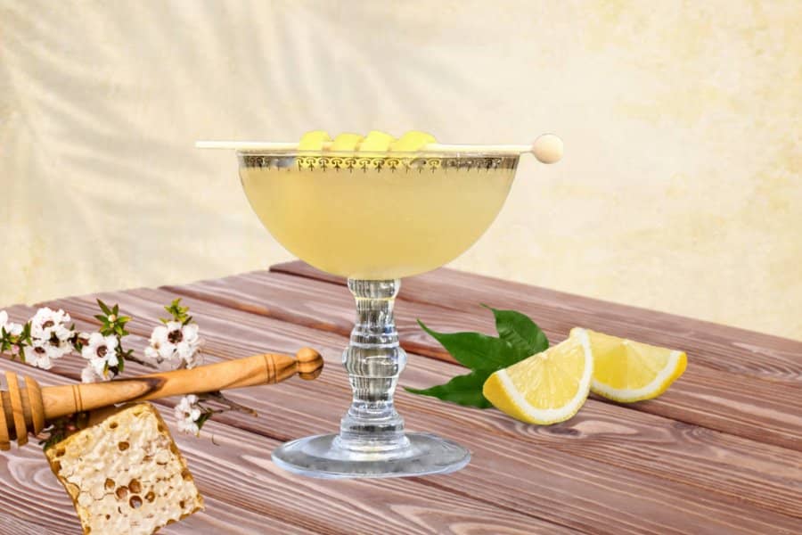 bee's knees cocktail with manuka honey in a coupe glass with honeycomb honey dipper and lemon