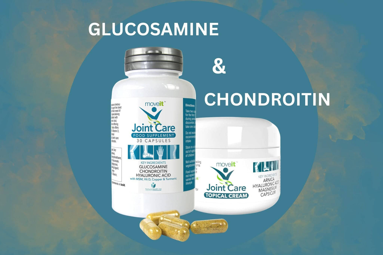 Two Joint Care products with capsules and cream on blue background promoting glucosamine and chondroitin for joint pain