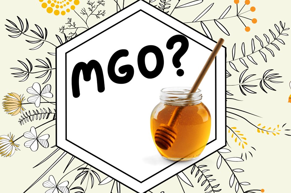 Jar of golden Manuka honey with wooden dipper beside hexagon label MGO question and caption what does MGO mean in manuka honey