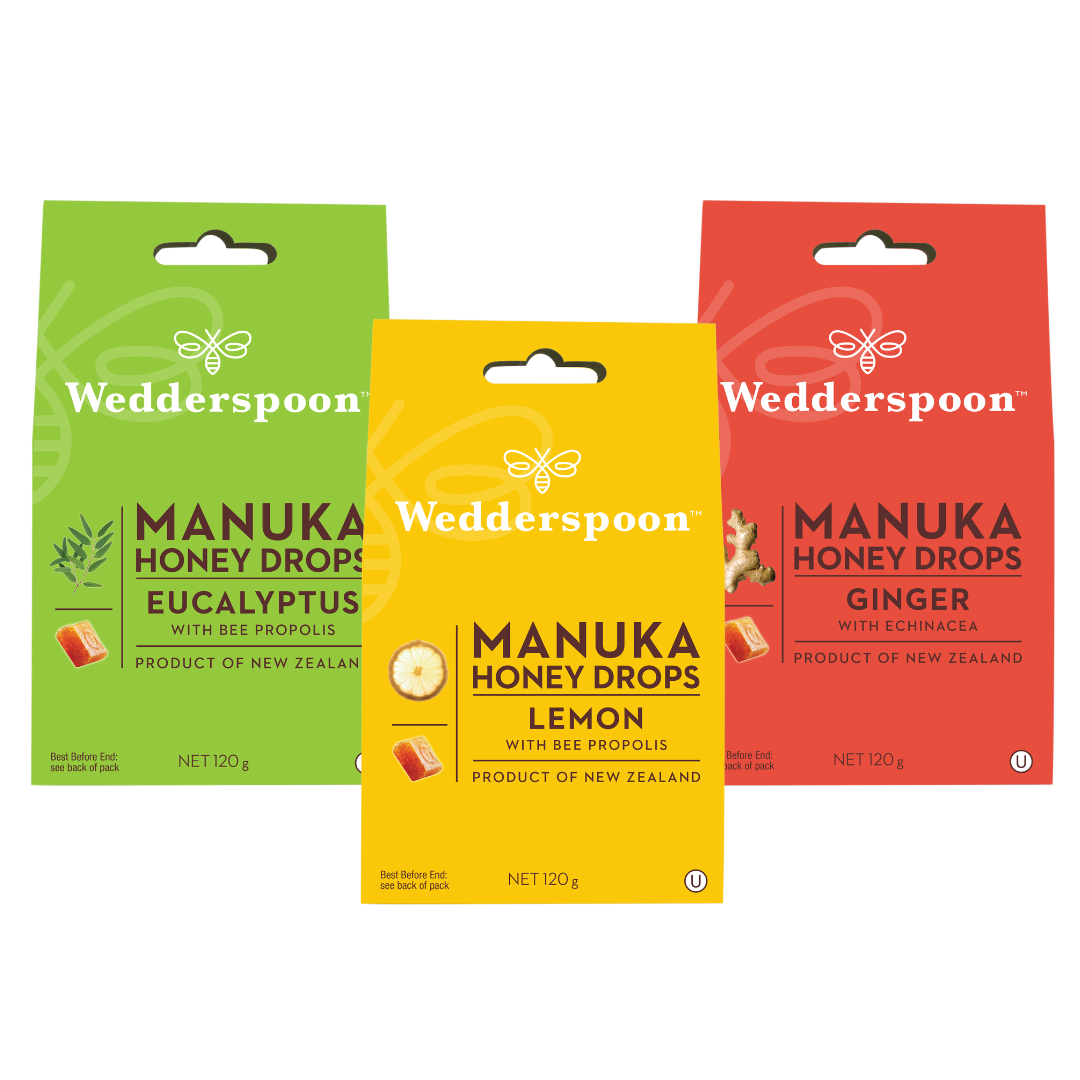 Wedderspoon Manuka Honey Drops Bundle – Ginger, Lemon & Eucalyptus (3 × 20 Drops)