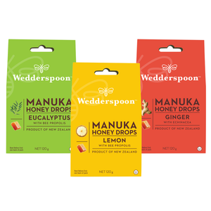 Wedderspoon Manuka Honey Drops Bundle – Ginger, Lemon & Eucalyptus (3 × 20 Drops)