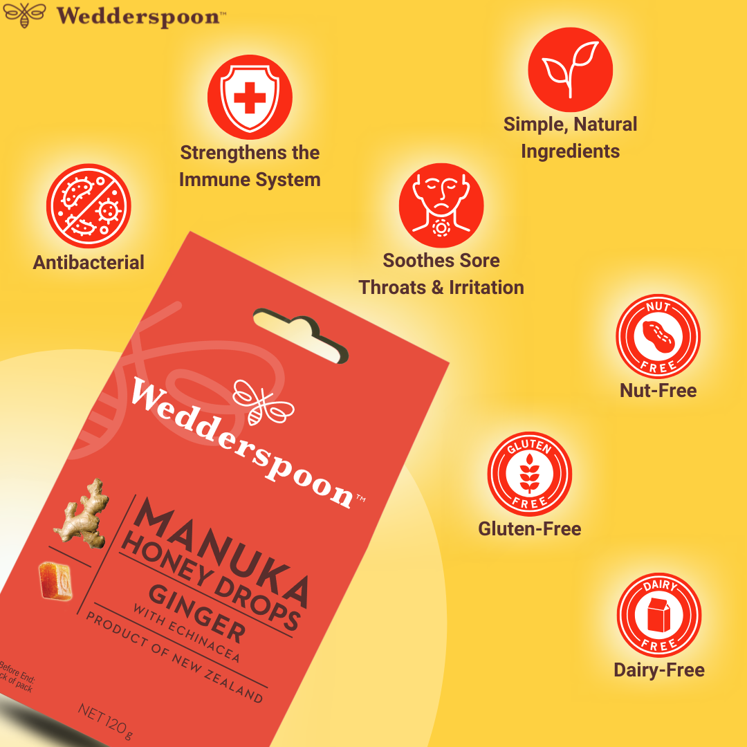 Wedderspoon Natural Manuka Honey Drops Ginger (20 Drops per box)