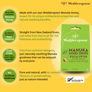 Wedderspoon Manuka Honey Drops Eucalyptus 20 Drops with Bee Propolis