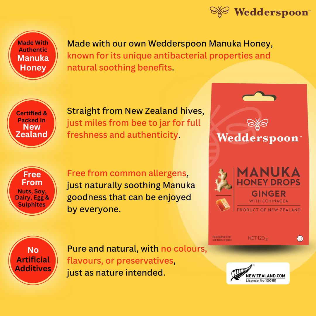 Wedderspoon Natural Manuka Honey Drops Ginger (20 Drops per box)