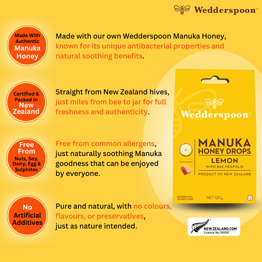 Wedderspoon Natural Manuka Honey Drops Lemon (20 Drops per box) - Triple Pack