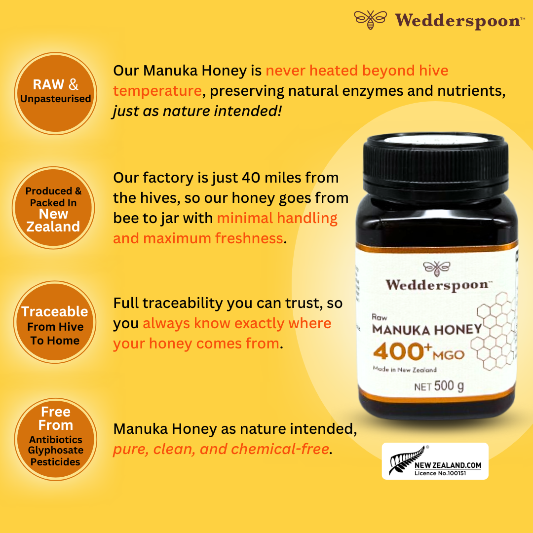 Wedderspoon Raw Manuka Honey 400 MGO (500g) – Unpasteurised High Potency