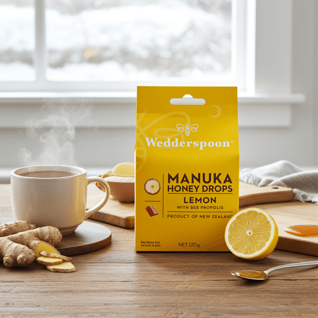Wedderspoon Manuka Honey Drops Lemon package on a wooden table with a cup of tea and honeycomb.