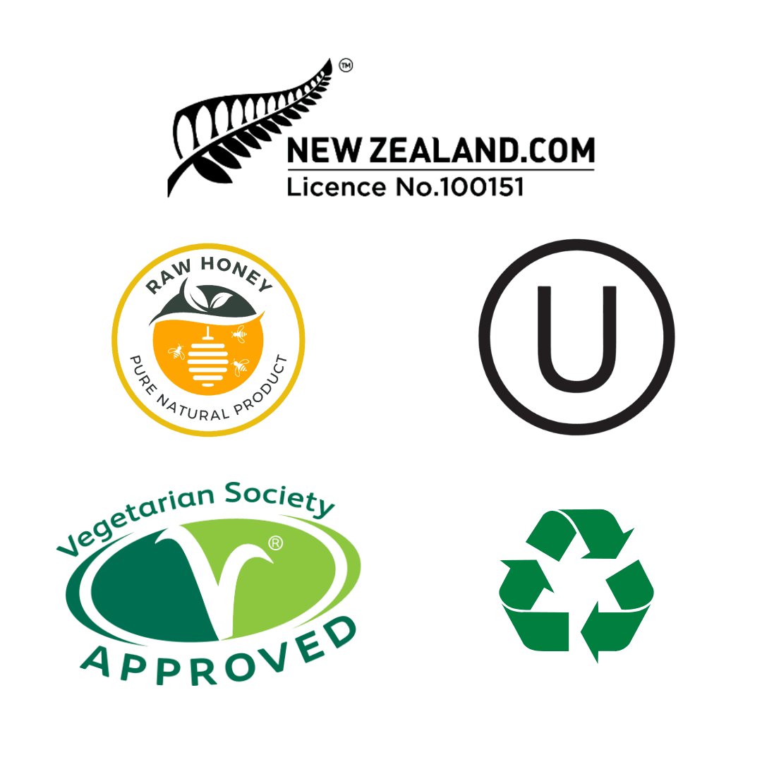 Collection of various logos including New Zealand, Raw Honey, Vegetarian Society, and recycling symbols on a white background.