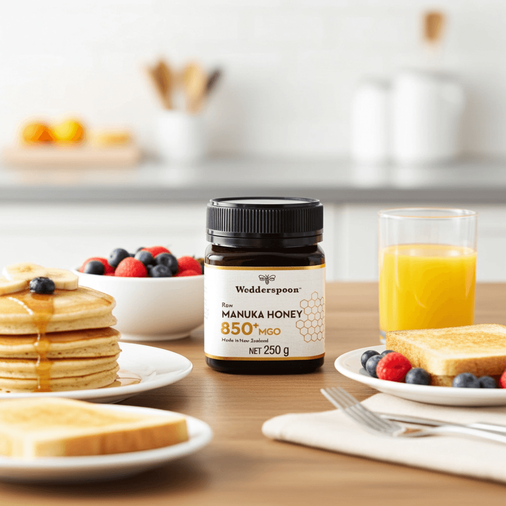 Jar of Wedderspoon Raw Manuka Honey 850 MGO 250g in dark jar with black lid and white label