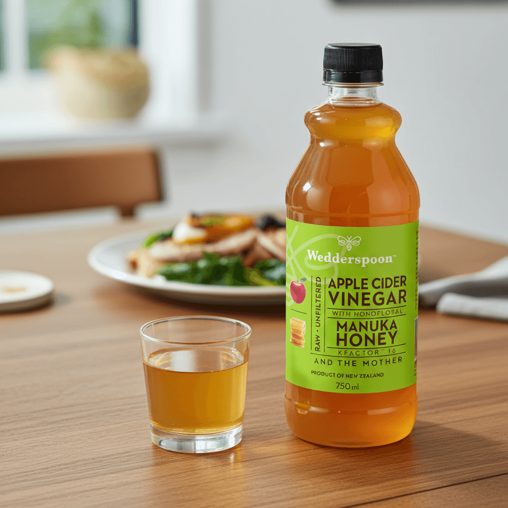 Wedderspoon apple cider vinegar with manuka honey in a 750ml plastic bottle with green label