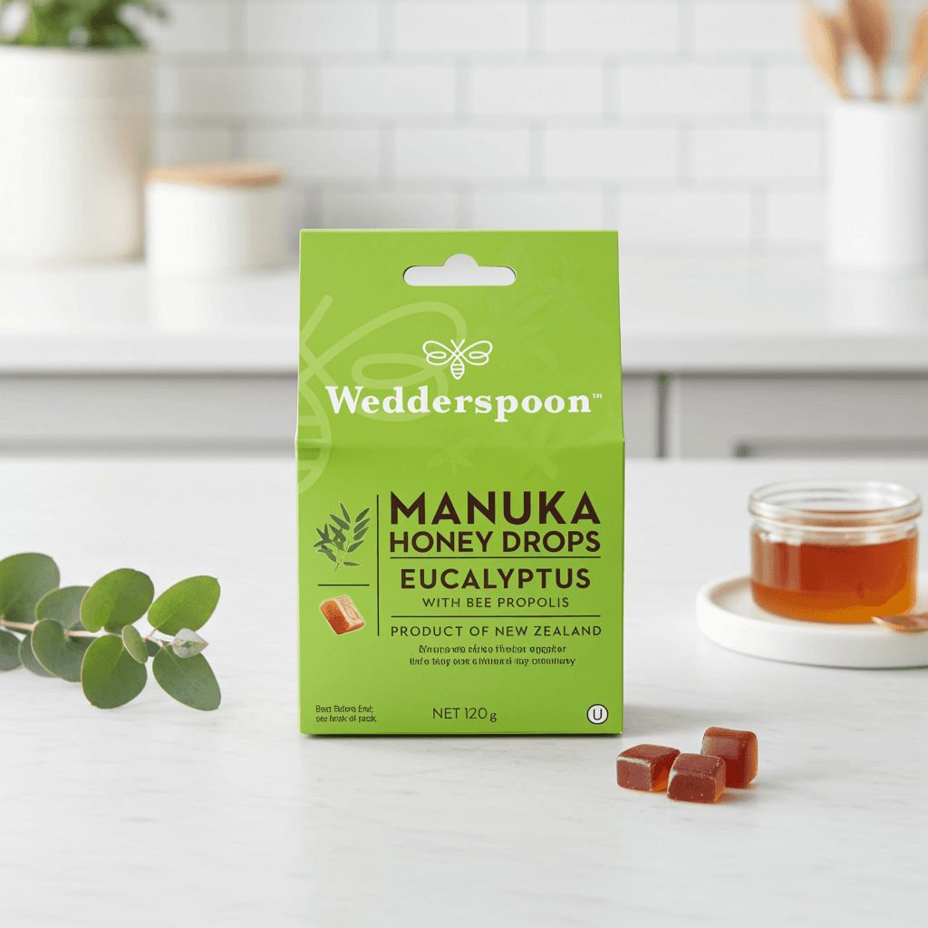 Wedderspoon manuka honey eucalyptus drops  with bee propolis in green packaging