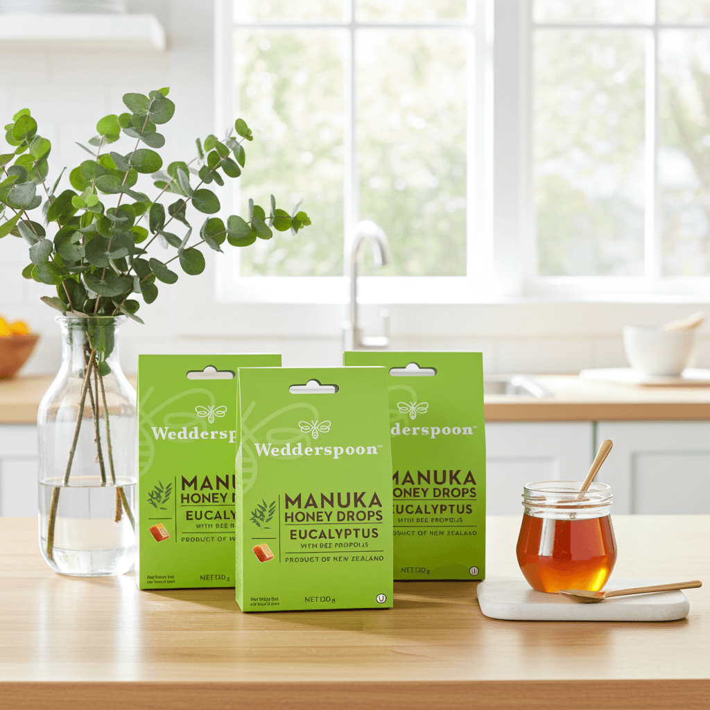 Wedderspoon Manuka Honey Eucalyptus Drops  with bee propolis in green packaging