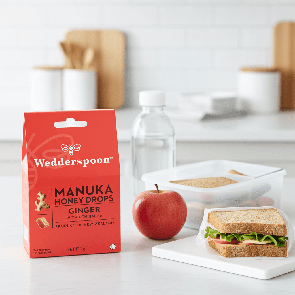 Wedderspoon Manuka Honey Drops Ginger packaging on a kitchen counter with an apple and sandwich.
