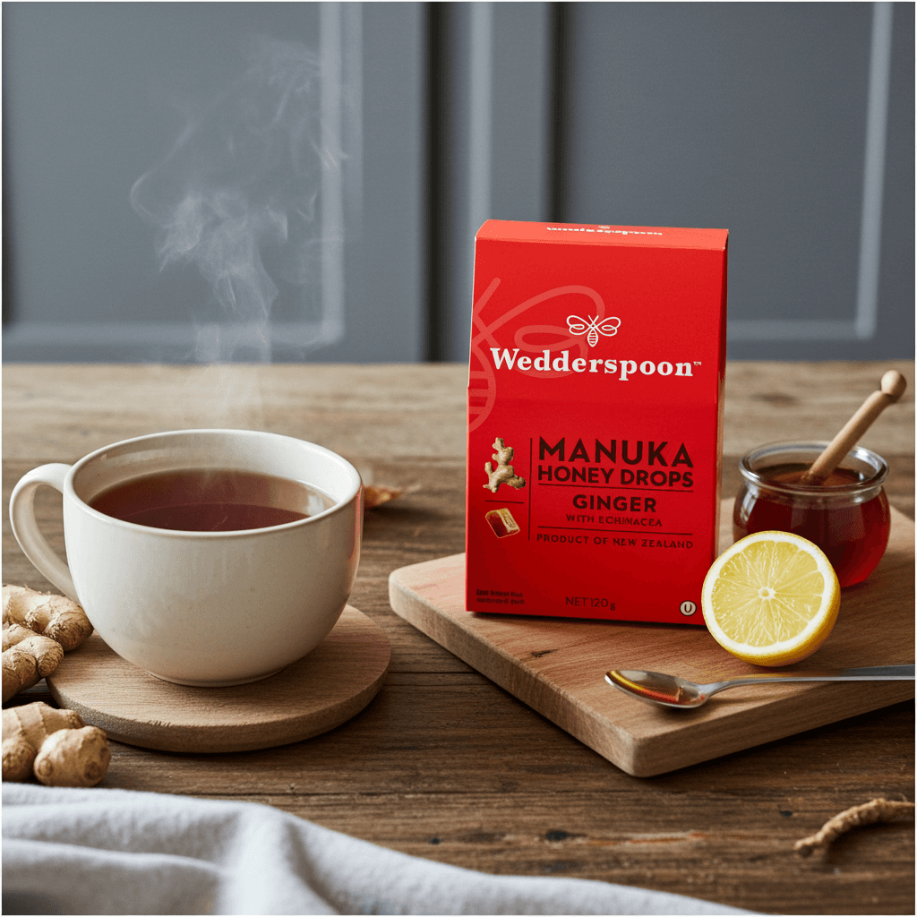 Wedderspoon Manuka Honey Drops Ginger packaging on a wooden table with a cup of tea and honey jar.