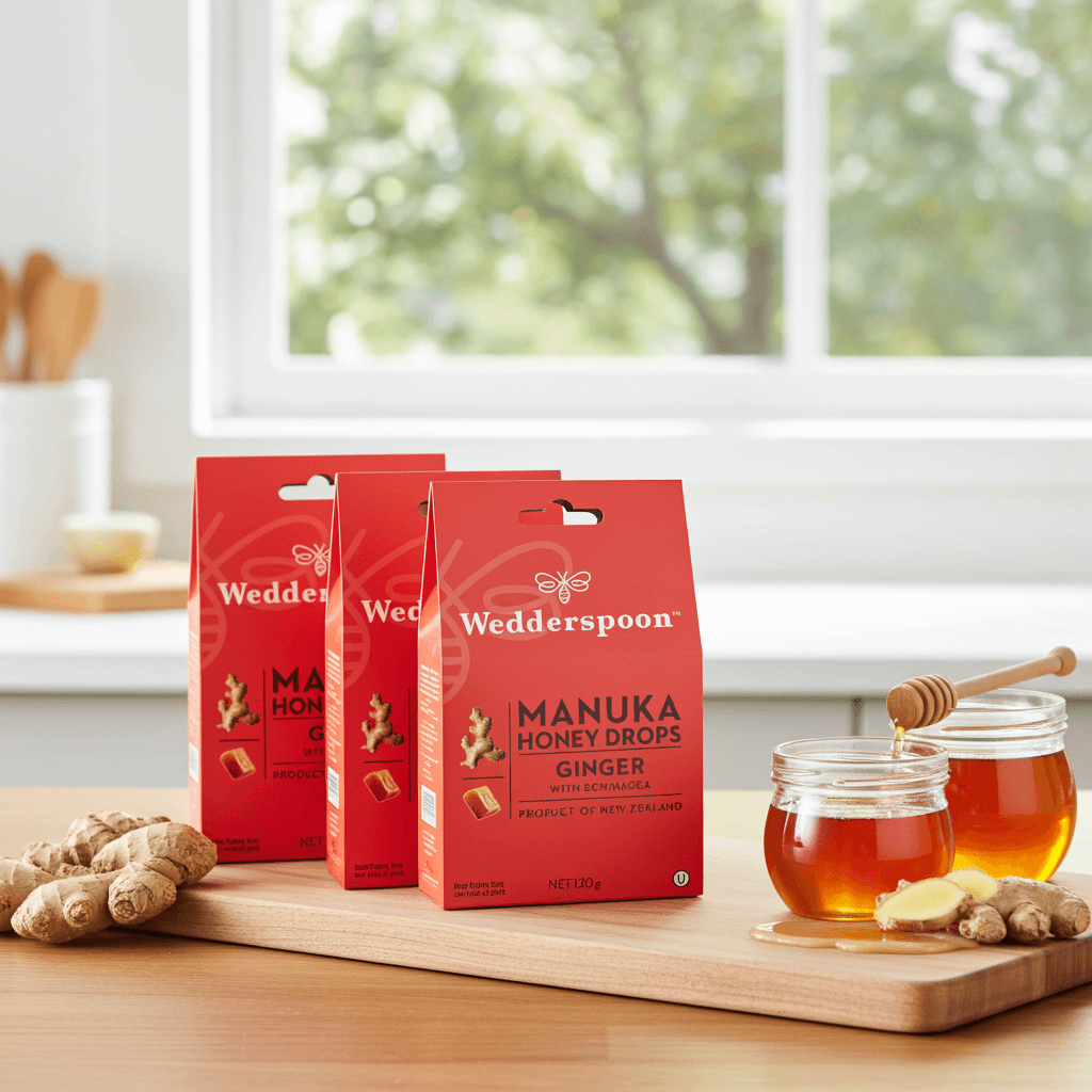 Wedderspoon Manuka honey drops ginger triple pack with echinacea in red packaging