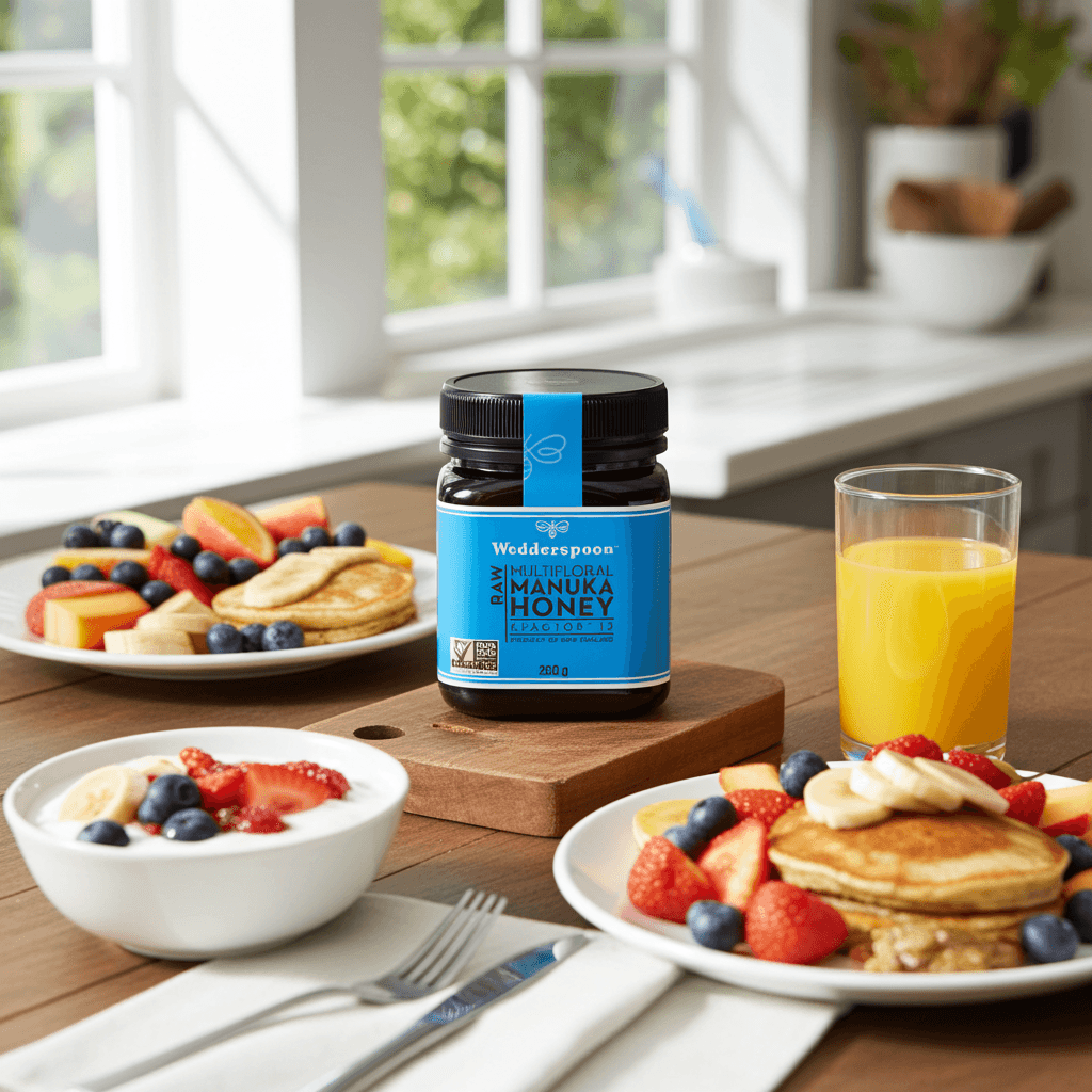 Wedderspoon Raw Manuka honey KFactor 12 in 250g jar with blue label and black lid