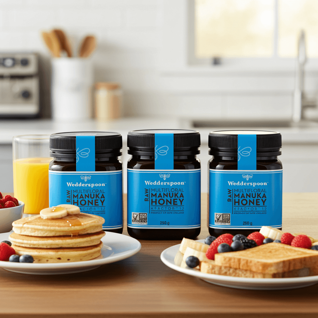 Wedderspoon Raw Manuka Honey Triple Pack with 250g jars of multifloral New Zealand honey