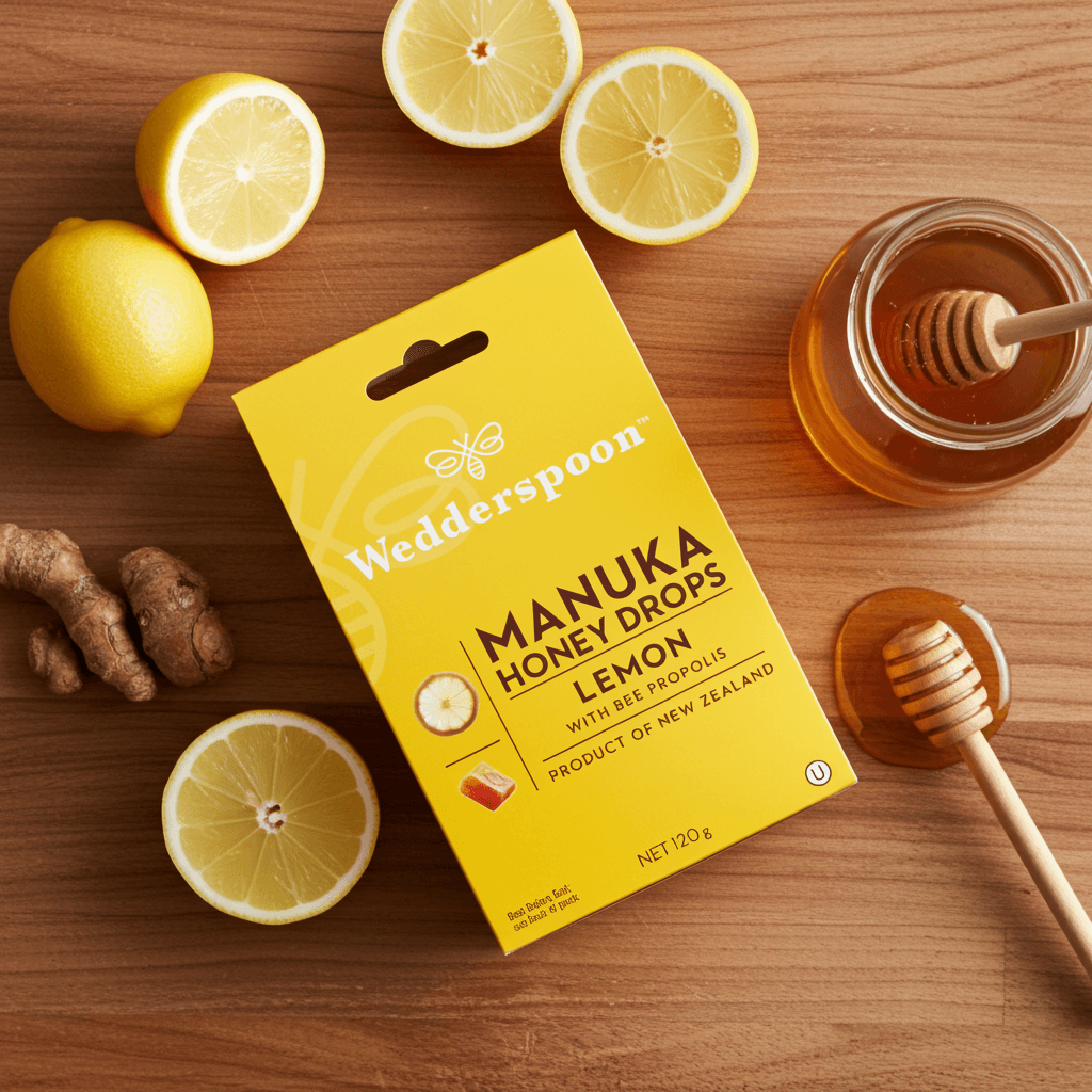 Wedderspoon manuka honey drops lemon flavour Drops with bee propolis 120g pack